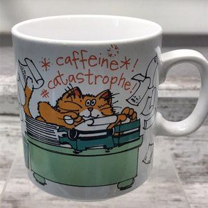 Vtg 80s Japan Office Humor Caffeine Catastrophe Cat Tea Coffee Cup Mug, 8 oz
